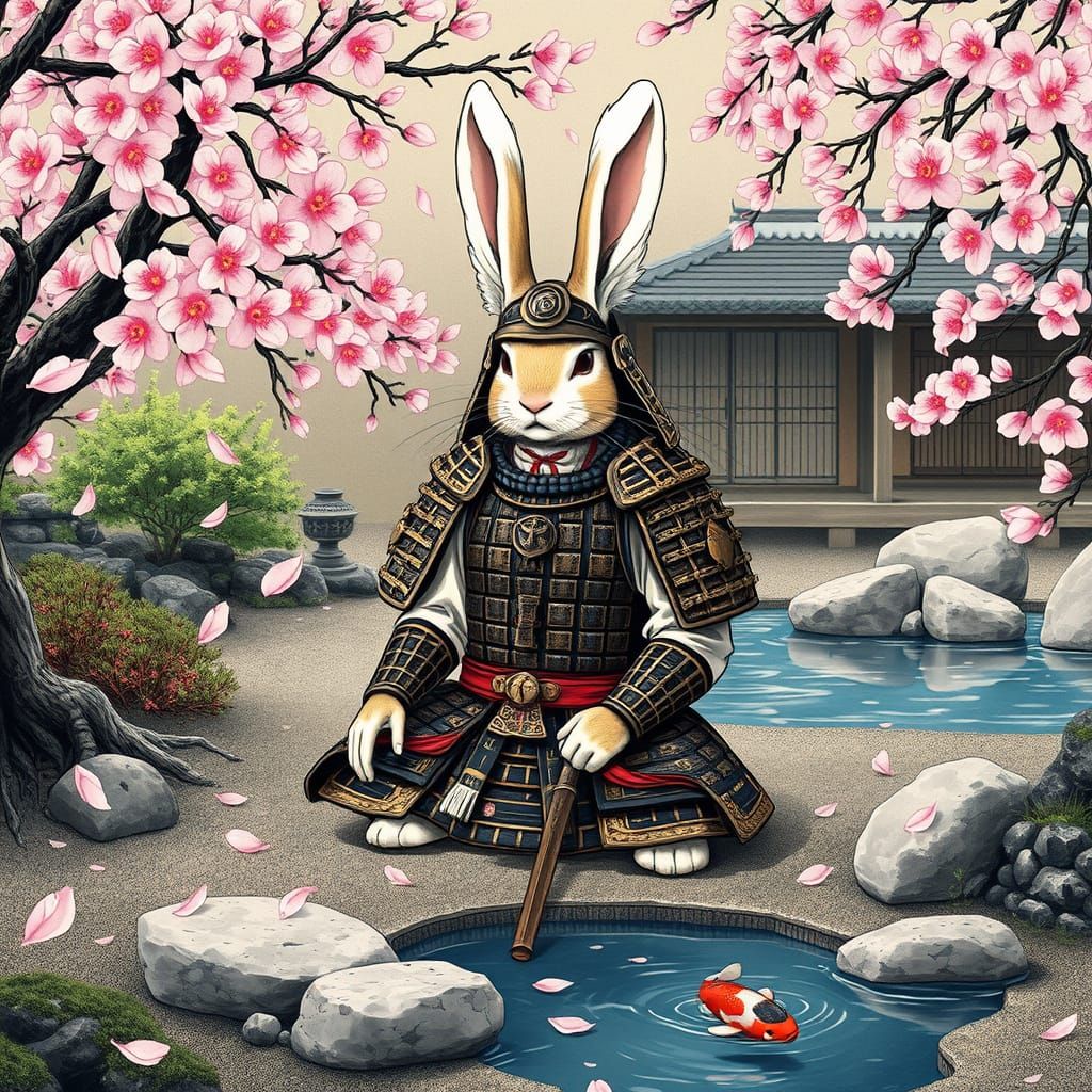 Samurai Rabbit Meditates in Zen Garden