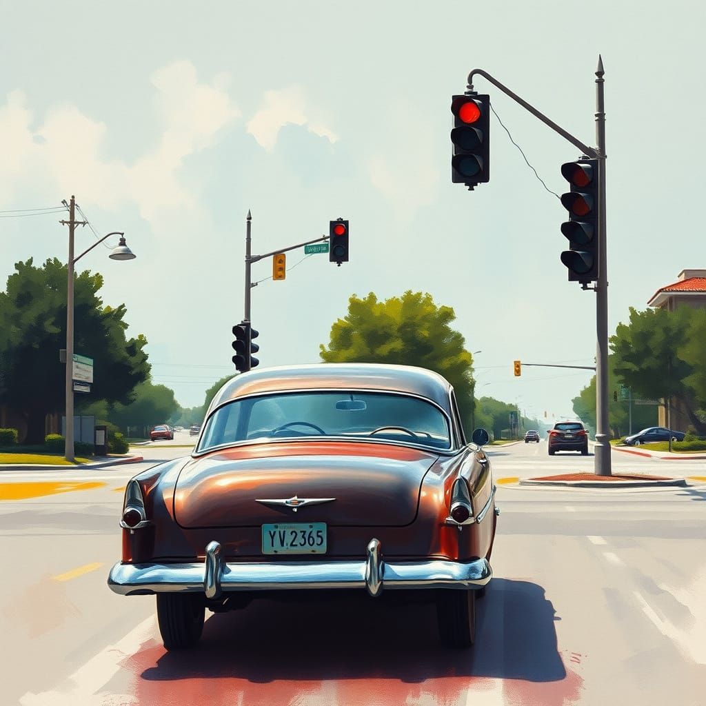Vintage Car Pauses Under Red Light in Epic Impressionist Mas...