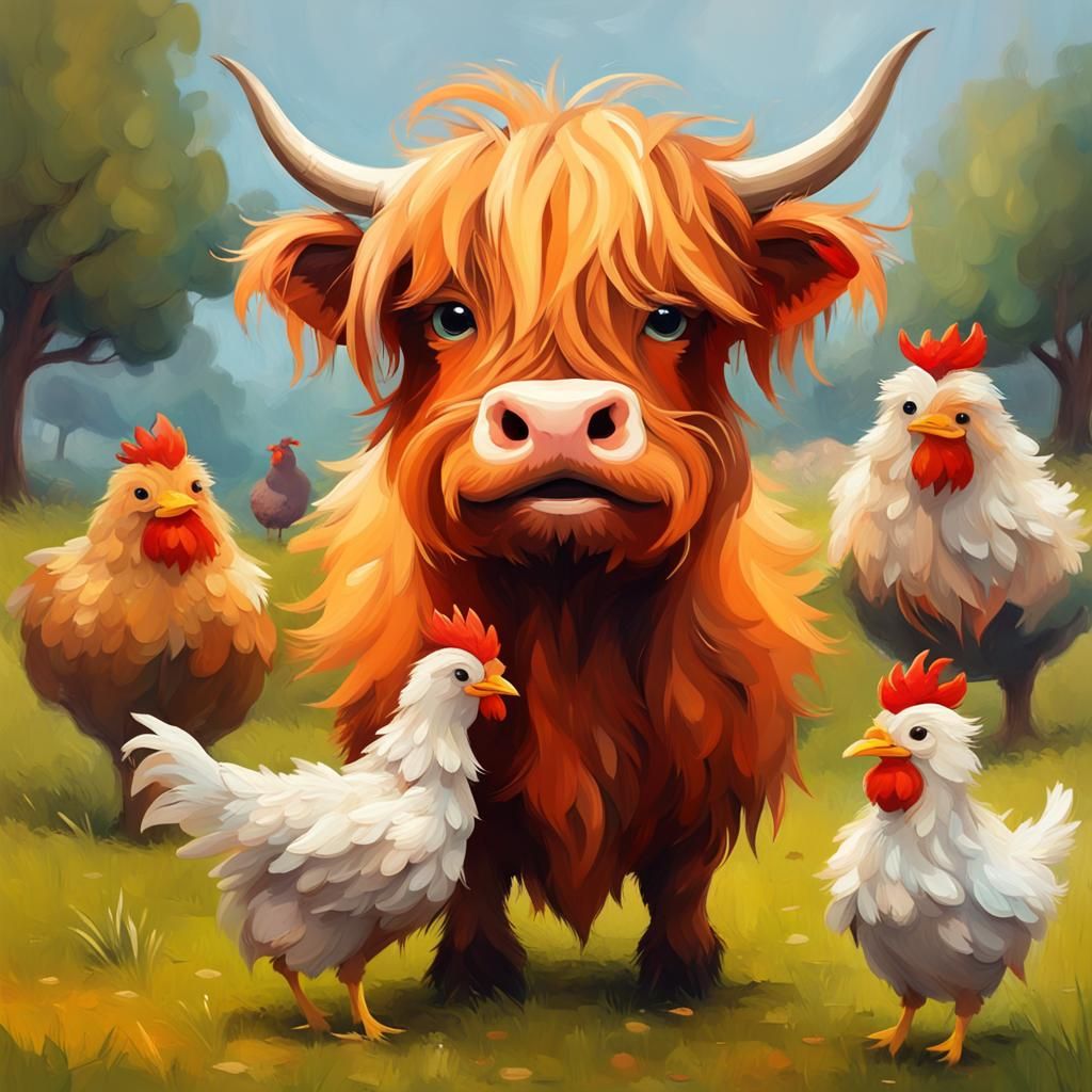 Cute Chibi Highland Cow with Chickens: Impasto Oil Painting