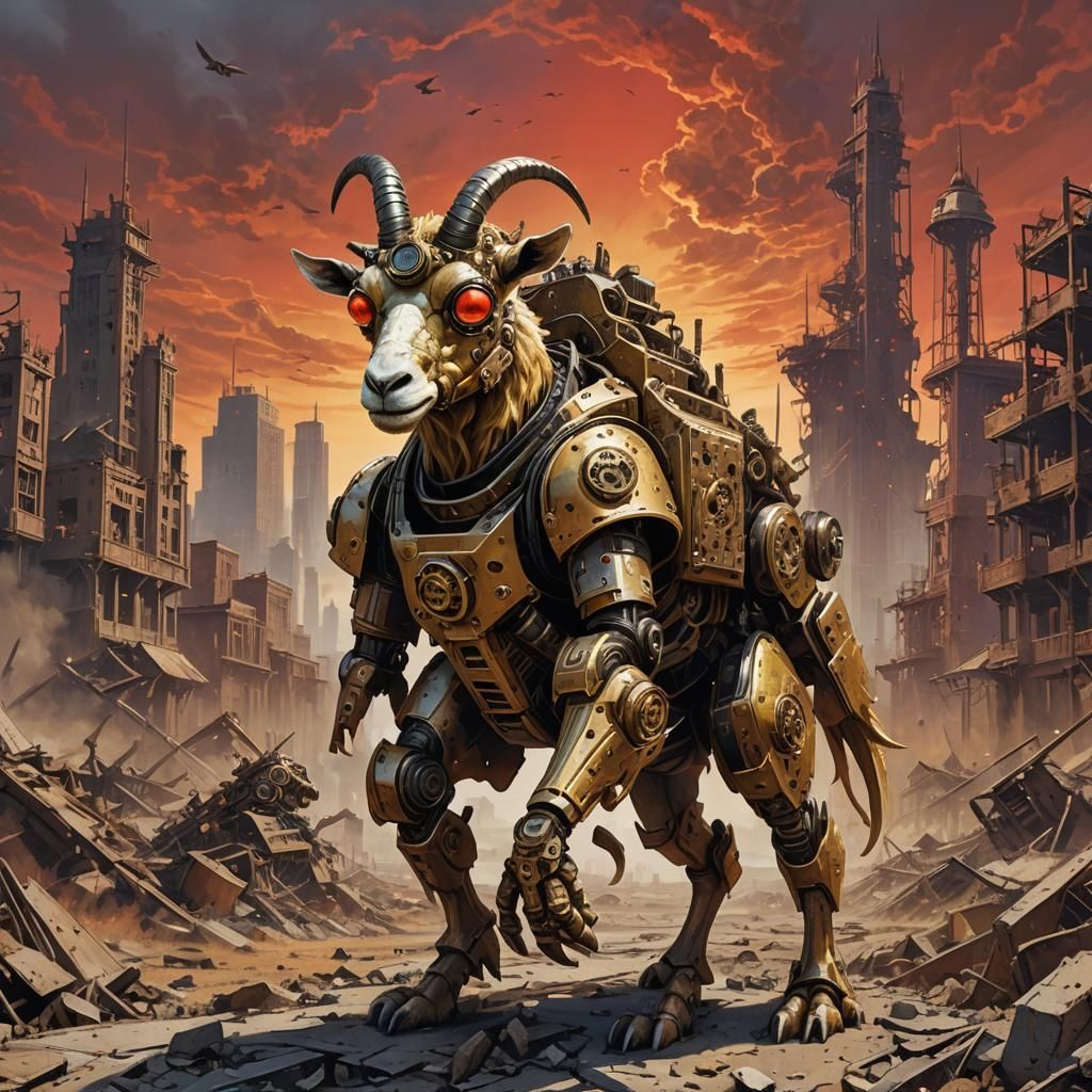 golden goat bot in a desolate and apocalyptic - Doomsday