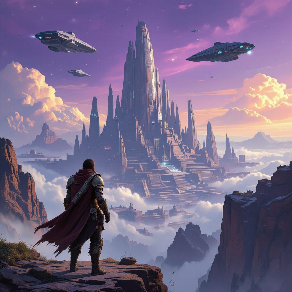 Adventurer Overlooking Alien Metropolis in Purple Sky