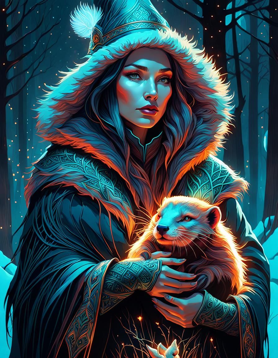 Neon Winter Witch Portrait with Baby Beaver