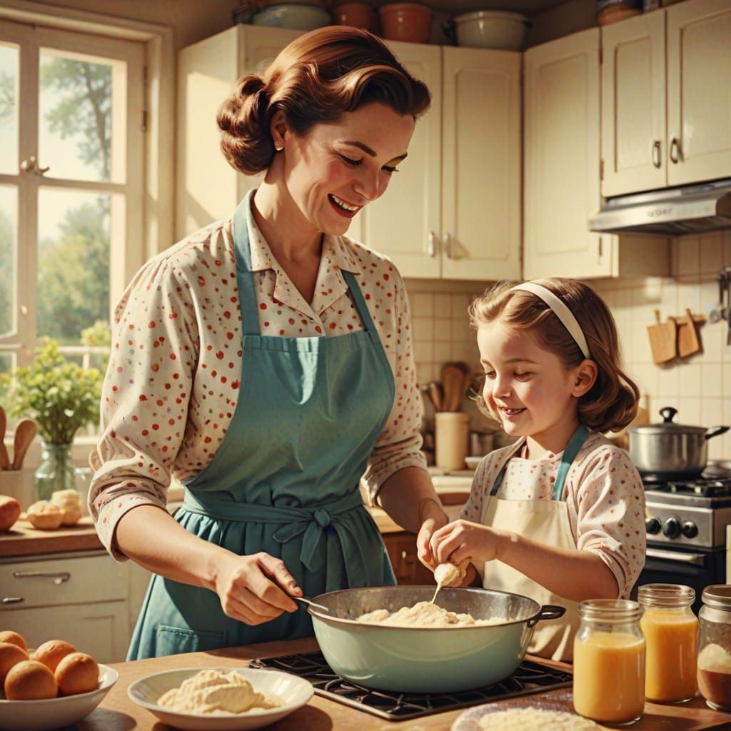 Retro Kitchen Scene: Mother and Child Baking