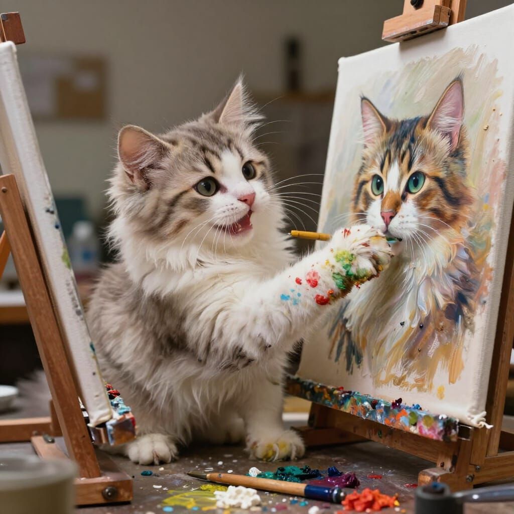 Fluffy Kitten Artist Painting in Vibrant Oil Paints