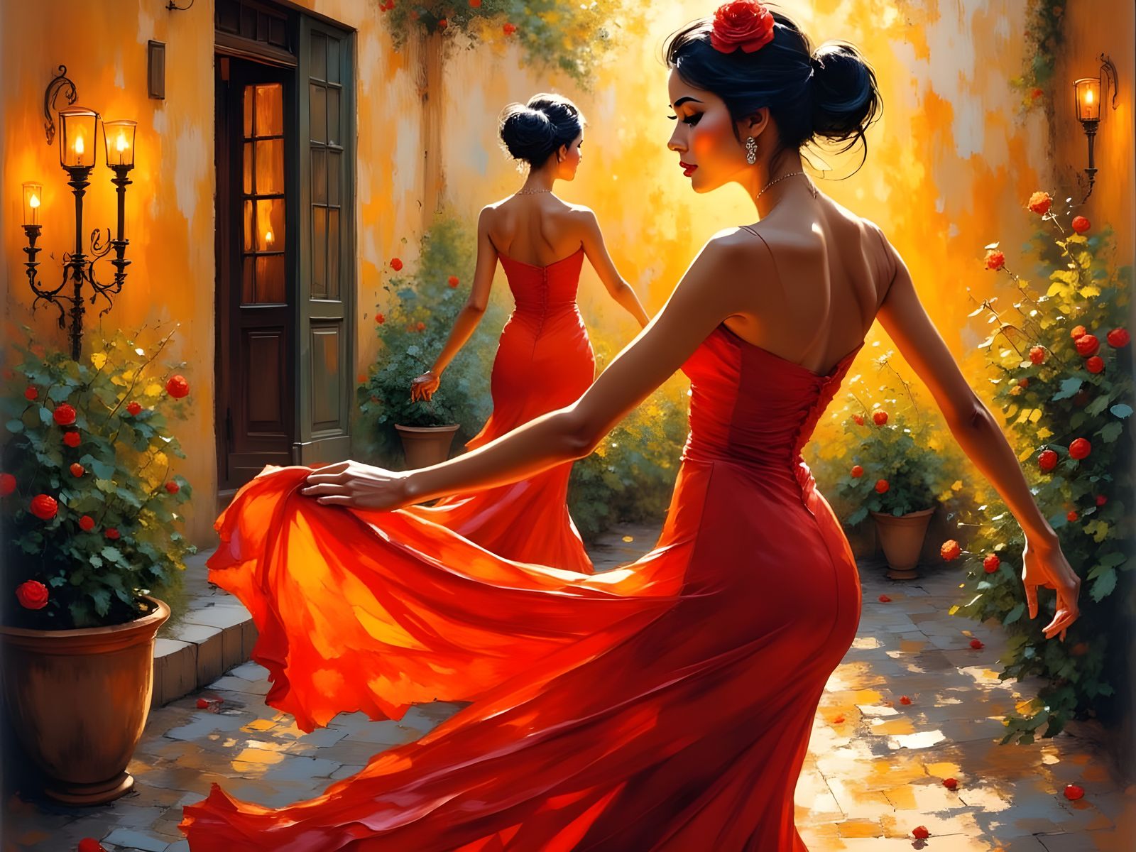 Impressionist Dancer in Spanish Courtyard at Sunset