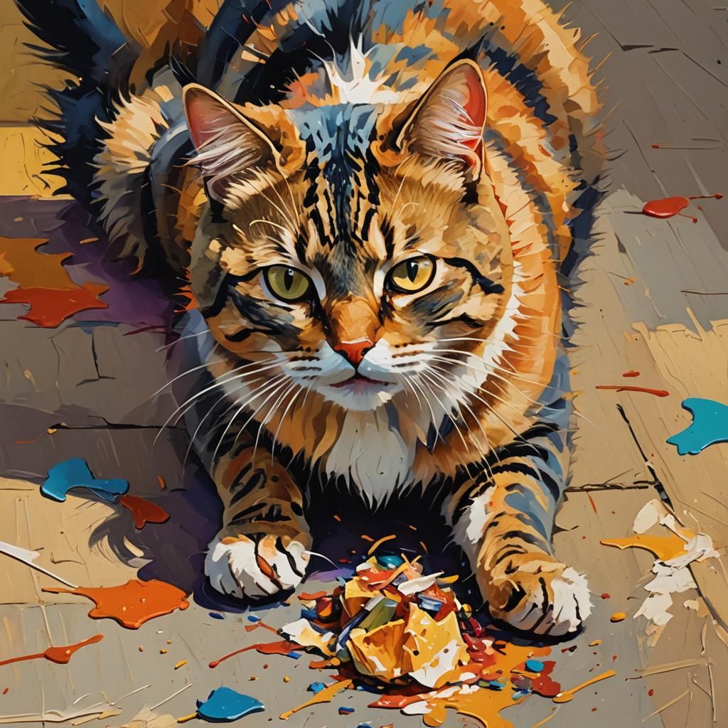 Fauvist Cat Eating Fini in Bold Colors