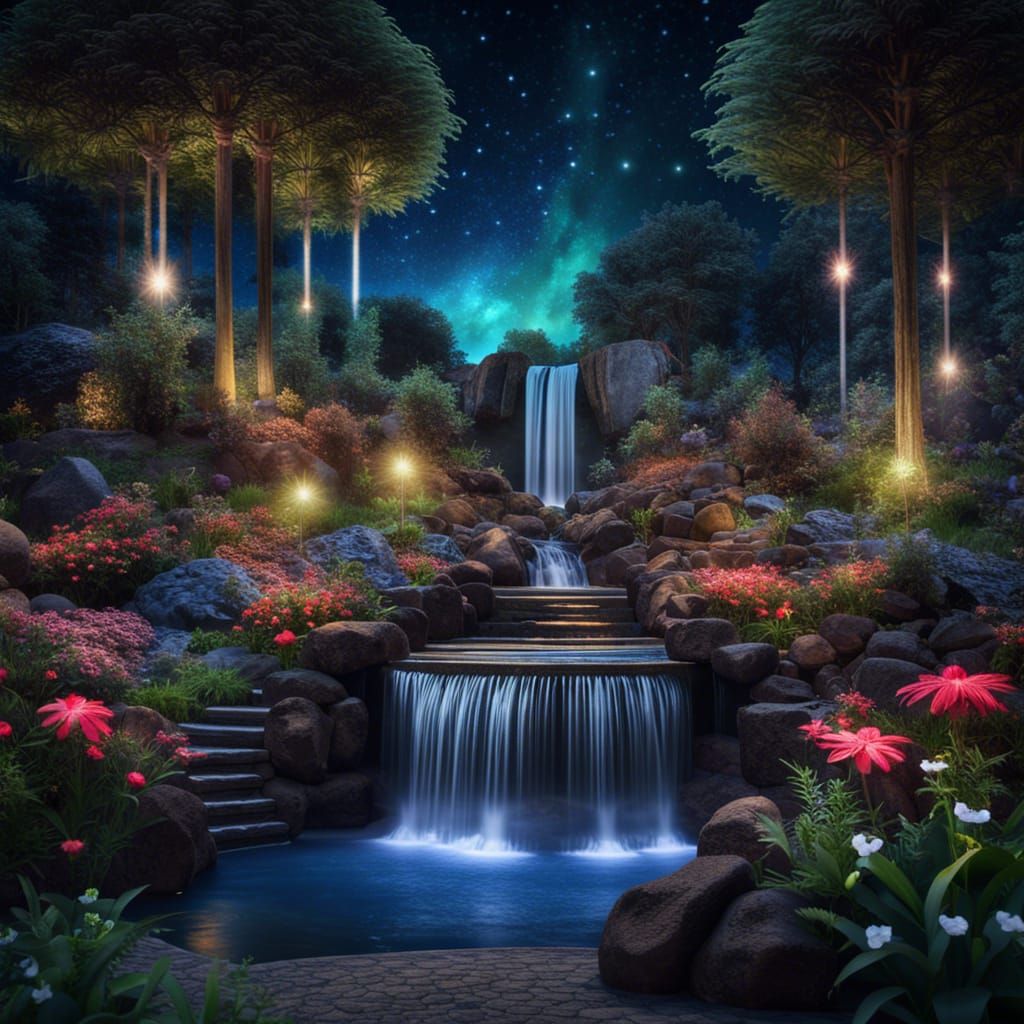 Night Garden with Waterfall in Magical Colors