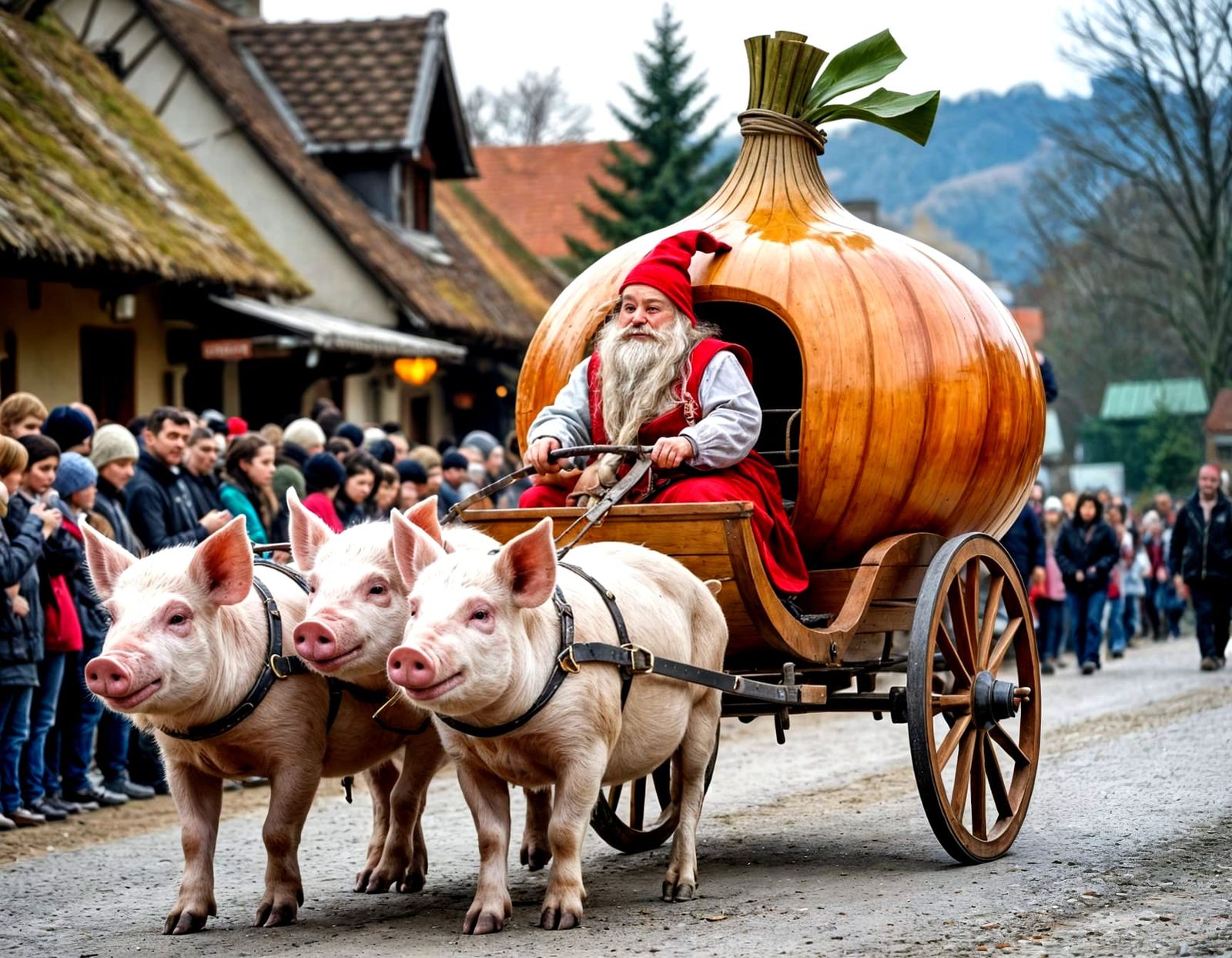 Dwarf Witch Rides Onion Skull Carriage Pulled by Pigs