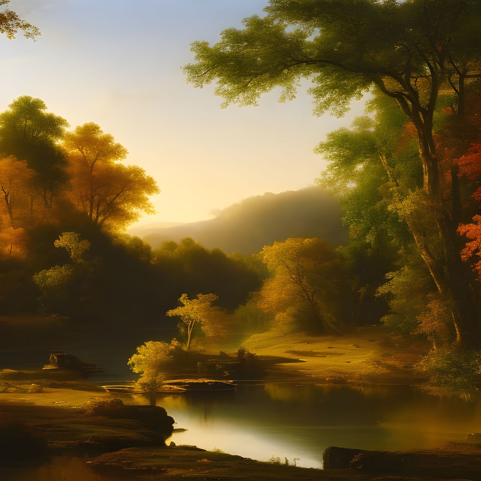 Autumn Landscape with Bridge in Hudson River Style