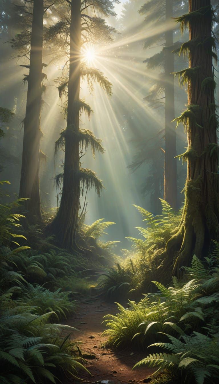 Redwood Forest at Dawn with Ethereal Sunlight