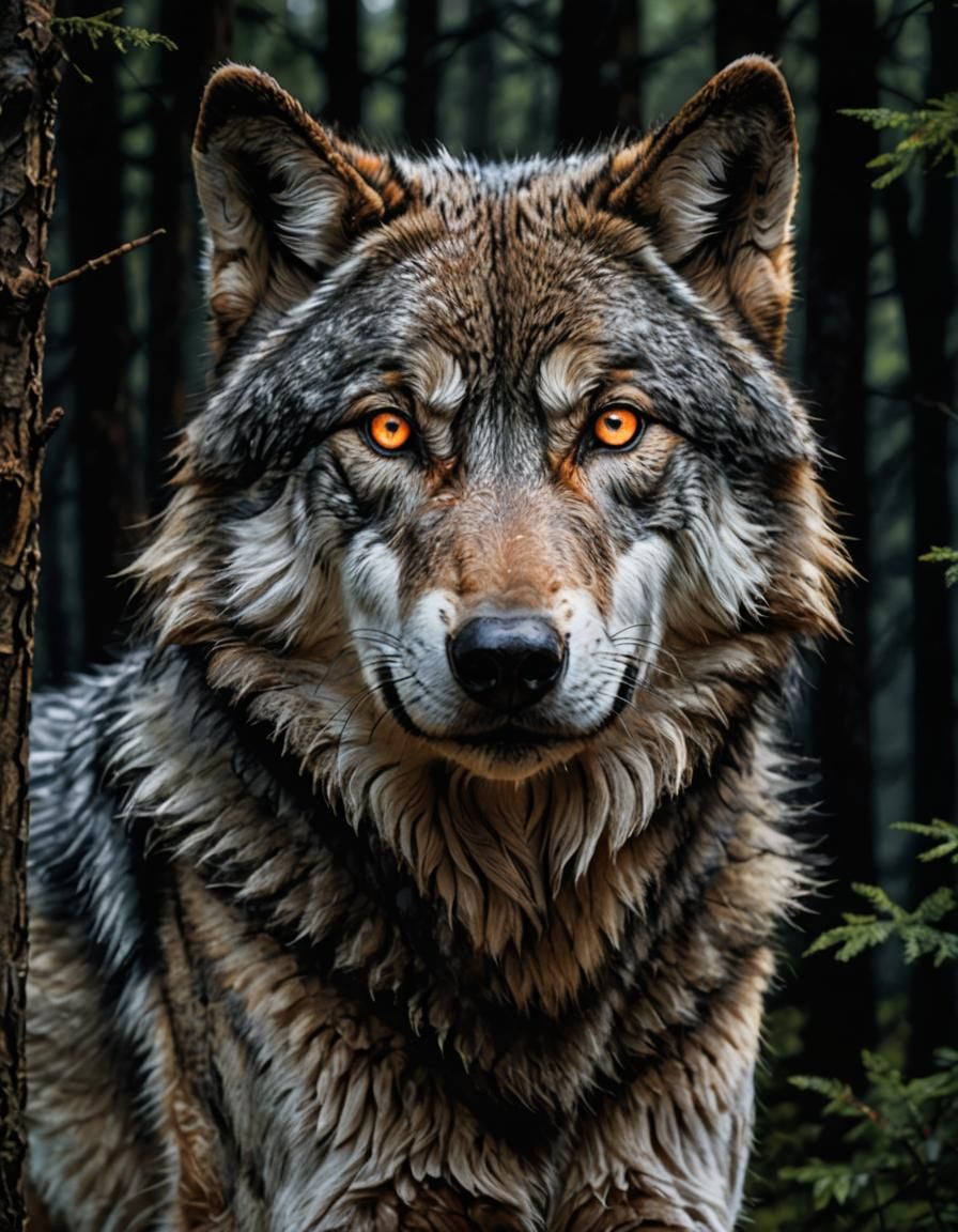 Epic Gray Wolf Portrait with Glowing Eyes