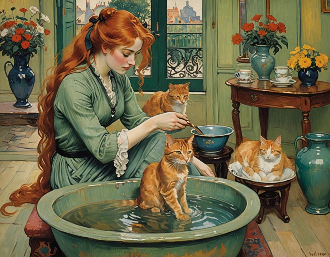 Redhead Woman Brushing Hair as Oil Painting