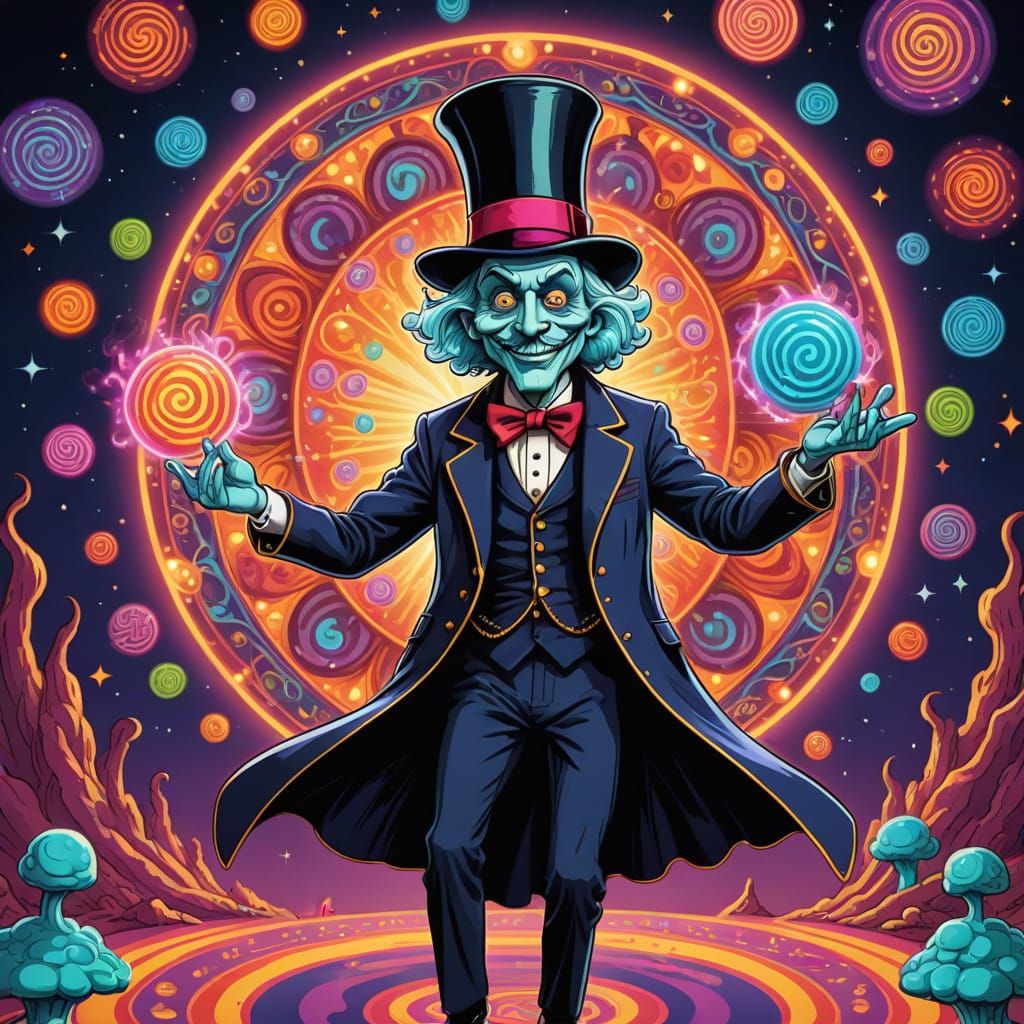 A crazy anthropomorphic cartoon Psilobycin magician performi...