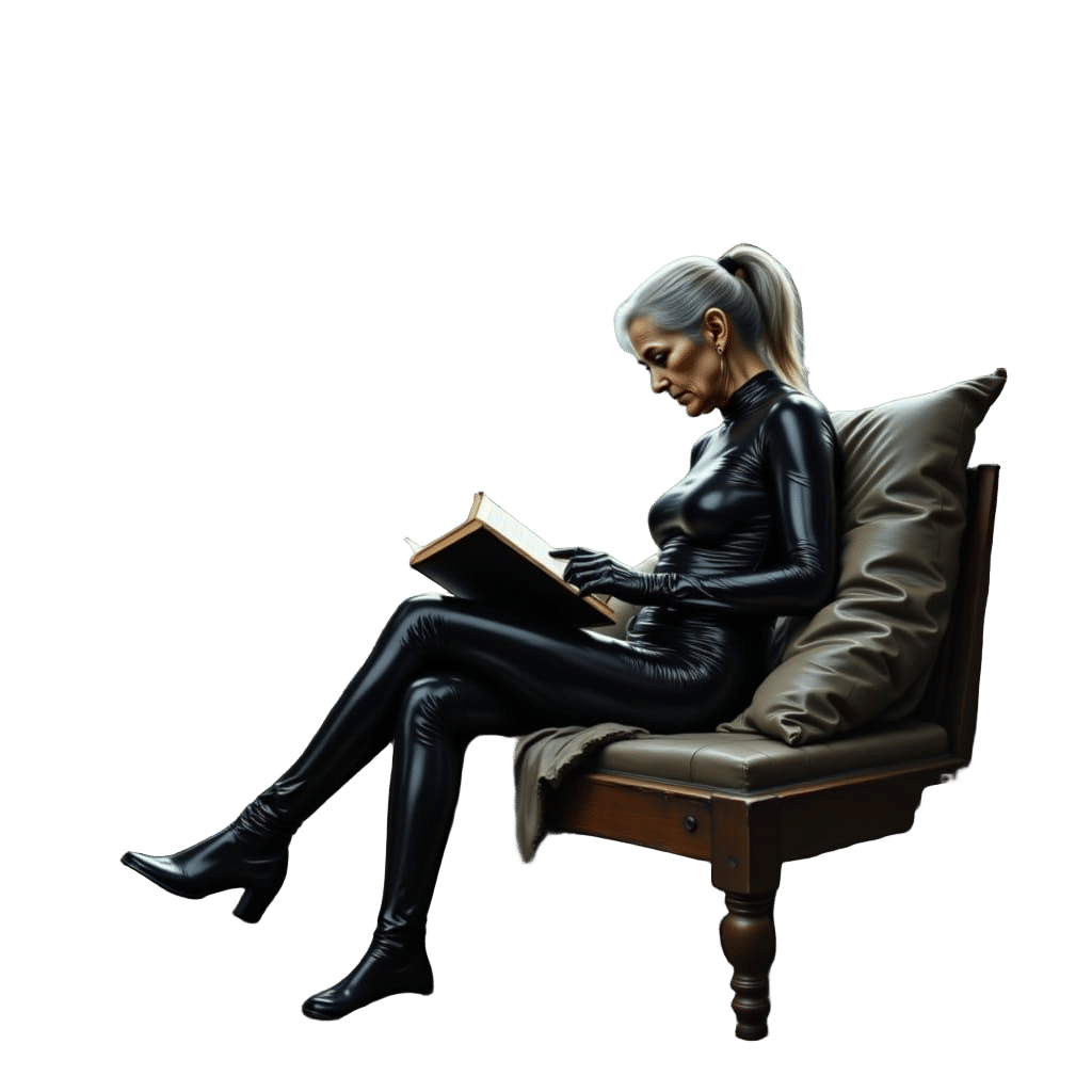 Elegant Elderly Woman in Bronze Latex Catsuit Reading