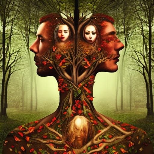 Surreal Four Seasons Tree of Human Heads