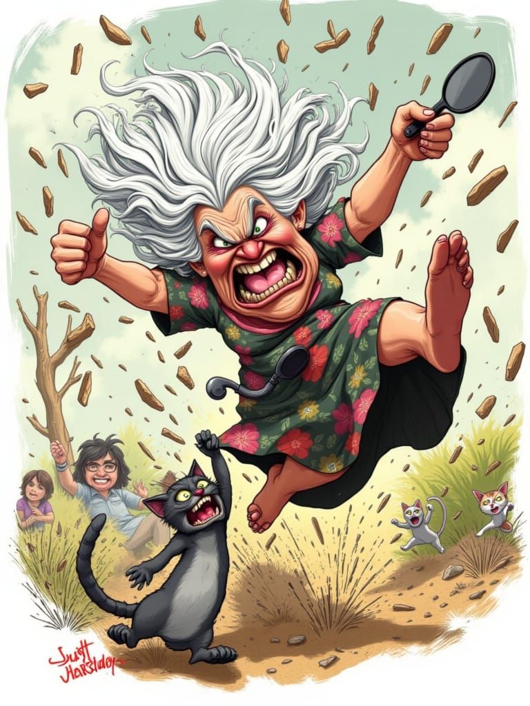 Angry Grandma Throwing Cats in a Frenzied Outburst