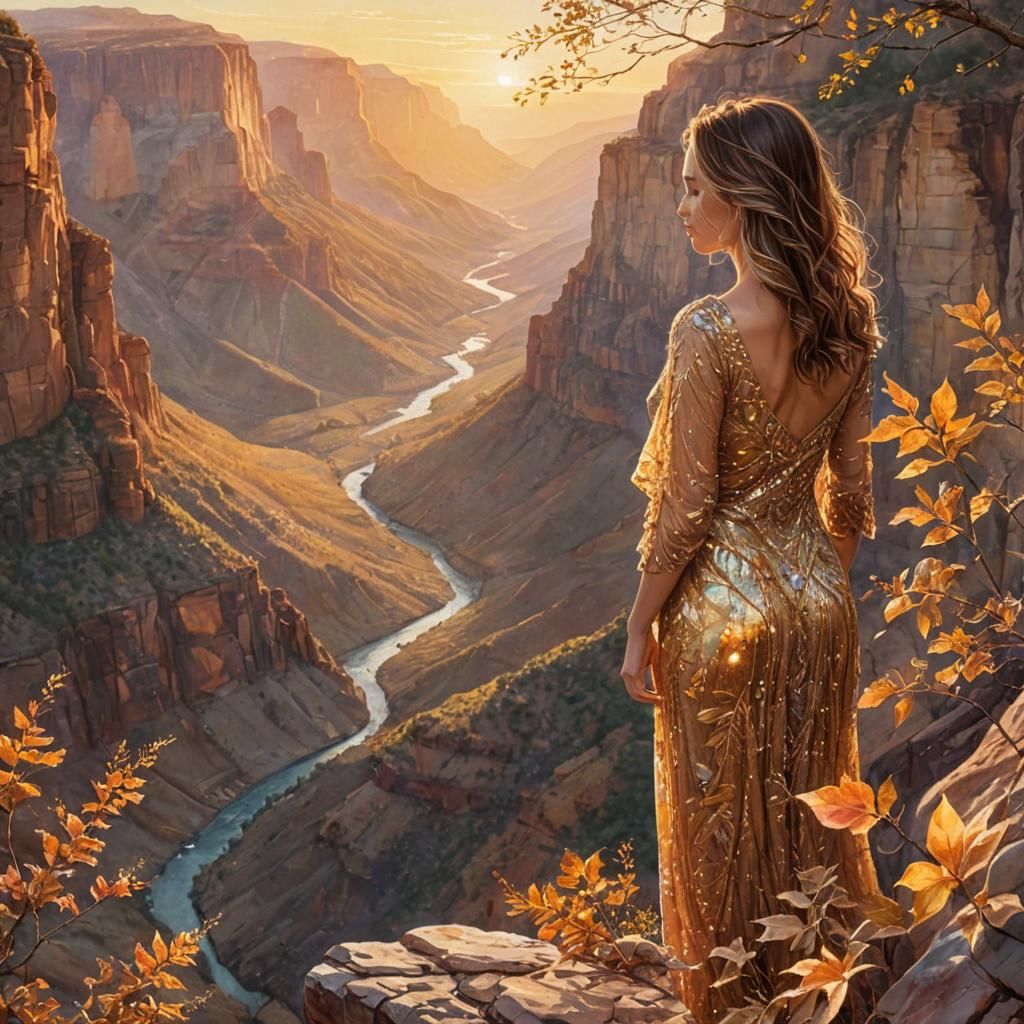 Woman Gazing at Canyon Sunrise in Alcohol Ink Style