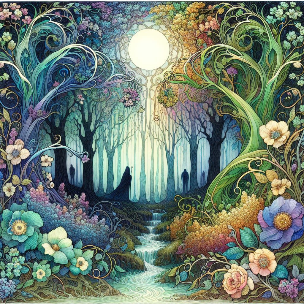 Enchanted Forest in Spring: An Art Nouveau Vision