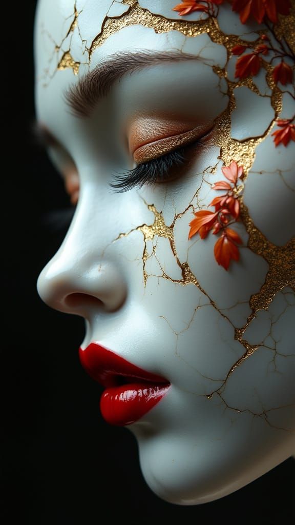 Porcelain Face with Gold Cracks in Hyper-Stylized Close-Up