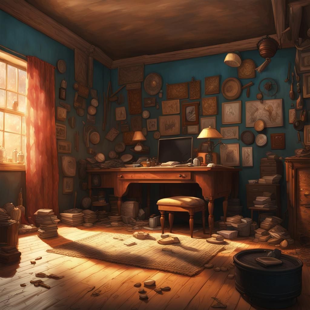 Write a narrative describing a scene in which a character explores a room filled with a variety of textured objects. Sho...
