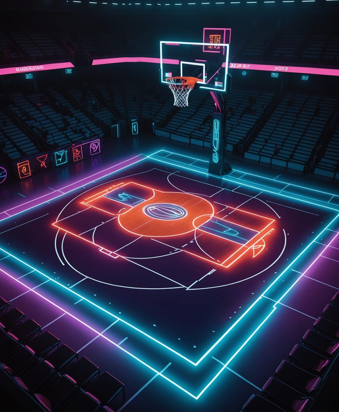 Cyberpunk Basketball Court with Neon Hoop