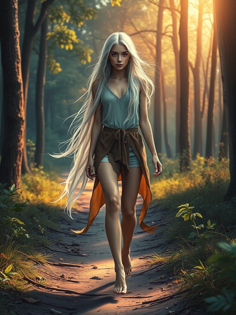 Youthful Goddess Walking Forest Path in Hyperrealism