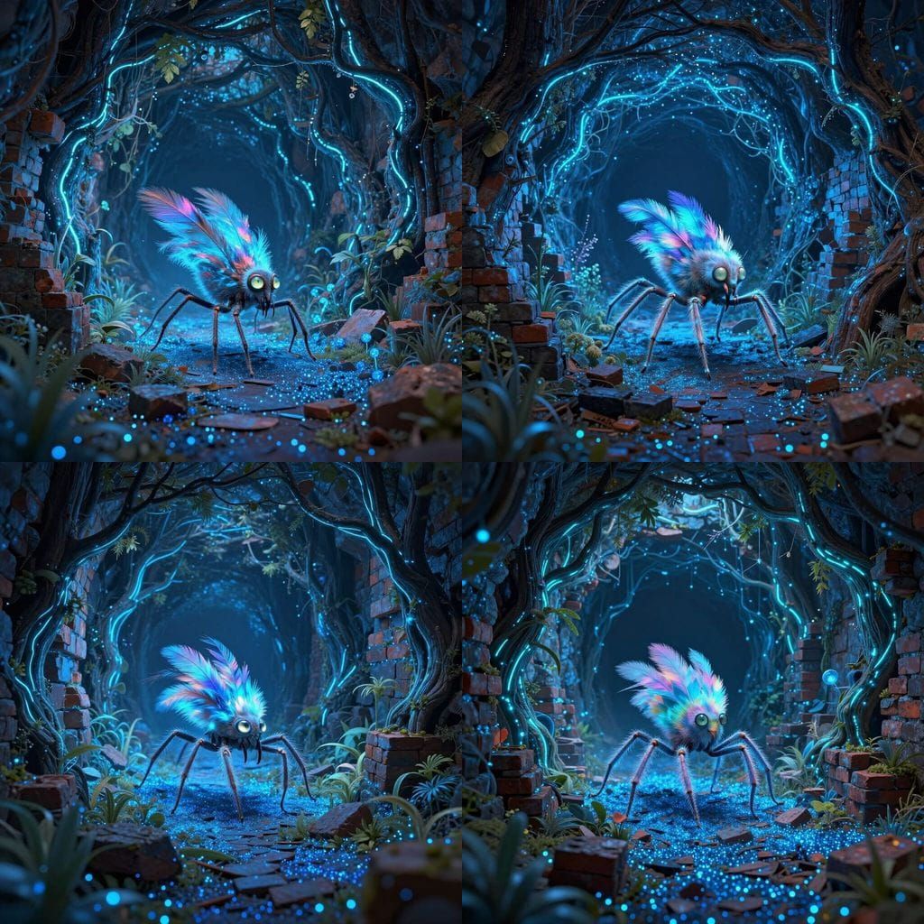 Magical Eight-Legged Creature in Glowing Particle Tunnel