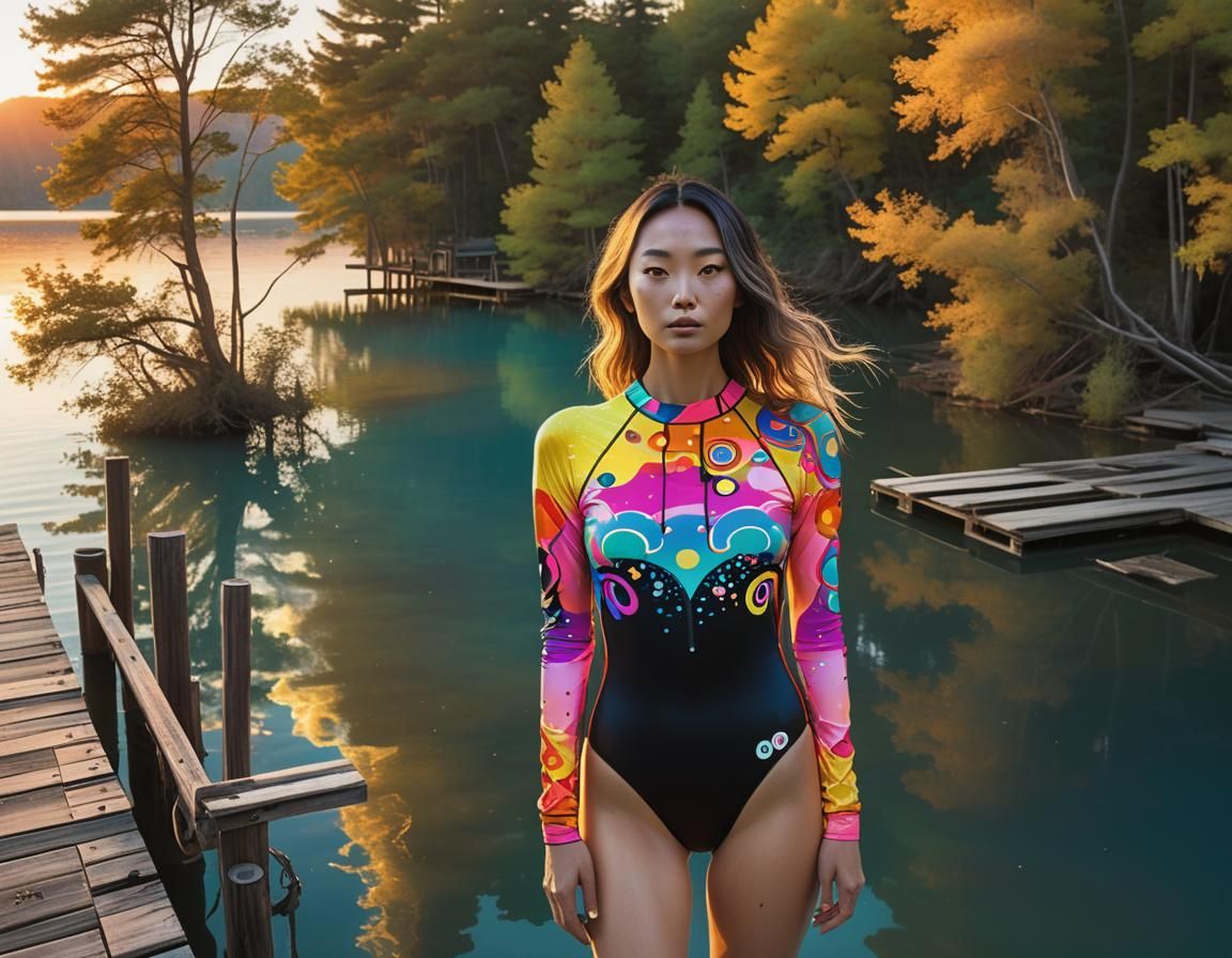 Woman in Vibrant Swimsuit at Sunset: Dystopian Futurism