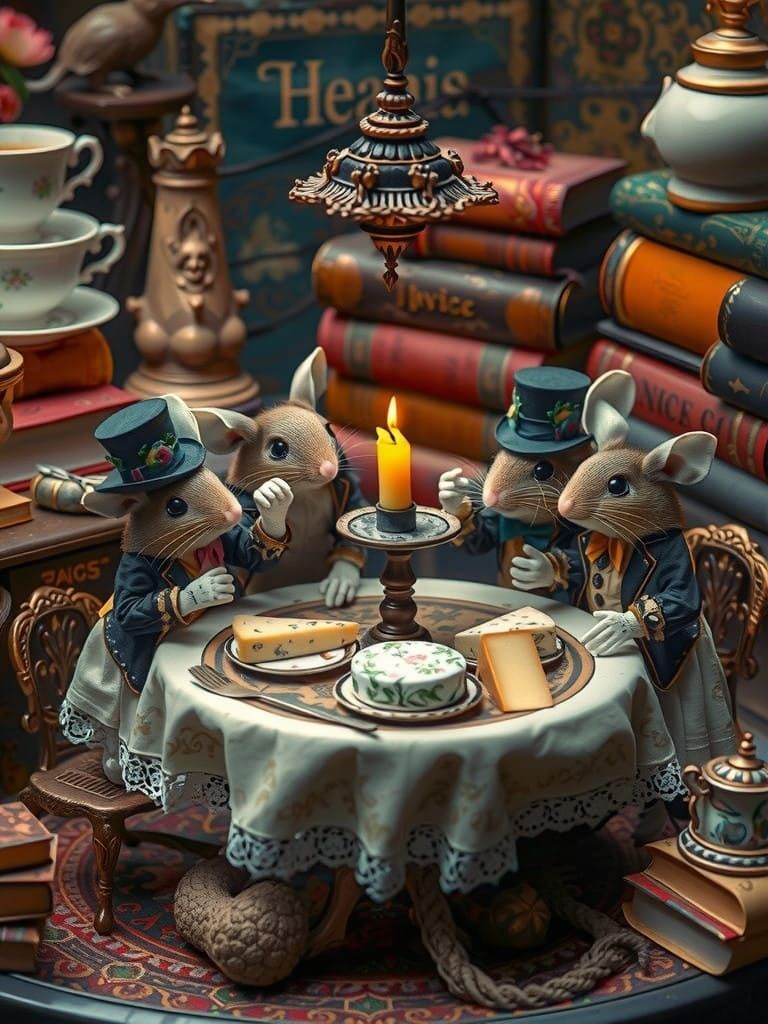 Elegant Mice Gather in Whimsical Victorian Setting