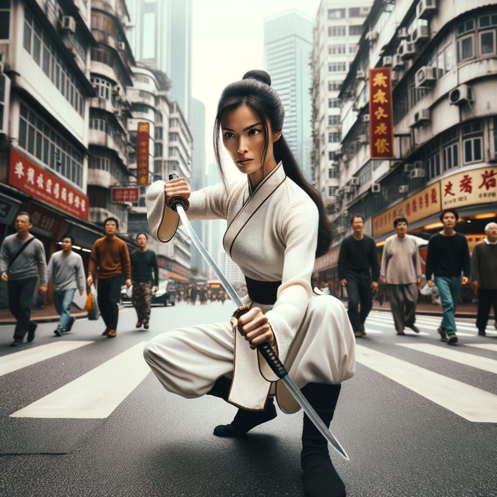 Martial Artist in City Street with Swords
