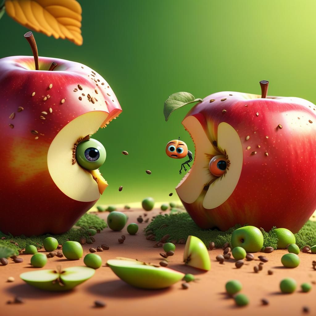 Apple with Eyes and Winged Worm: Pixar-Style 3D Art