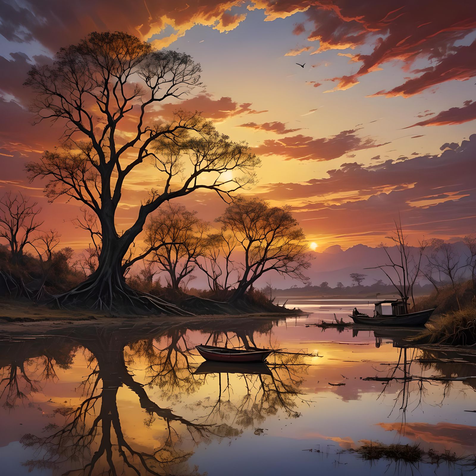 Fishing Boat at Sunset on Orinoco River