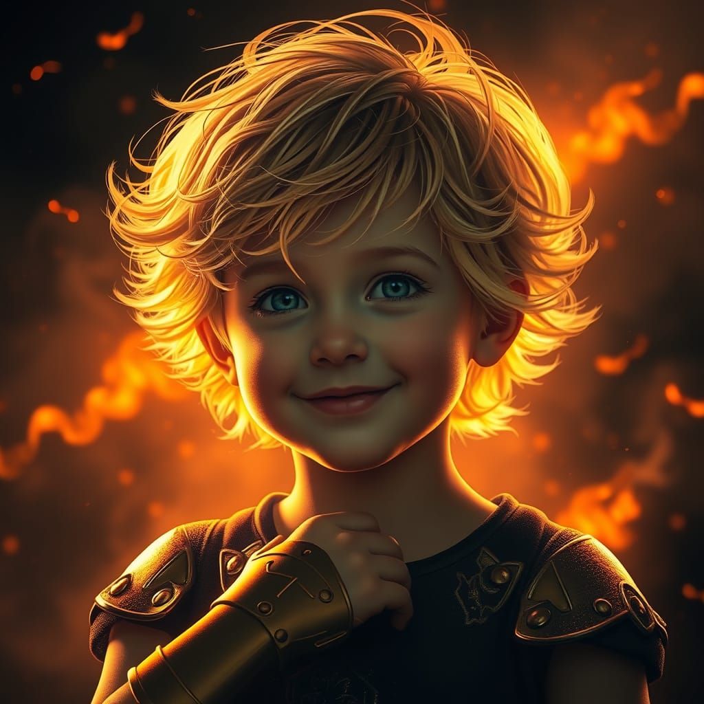 Blond Boy Amid Fire with Golden Gauntlets