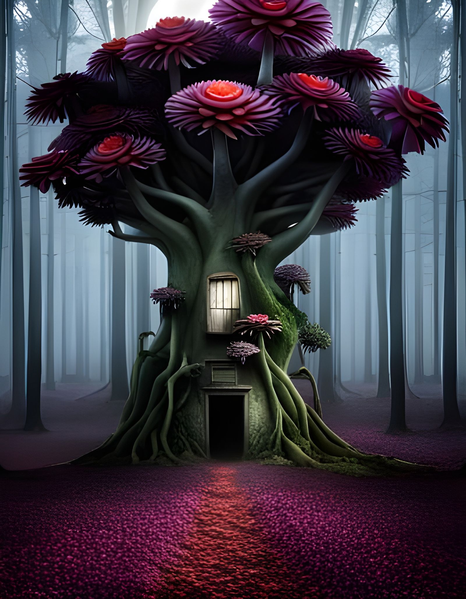 Purple Rafflesia Mushrooms Engulf Ruined Treehouse