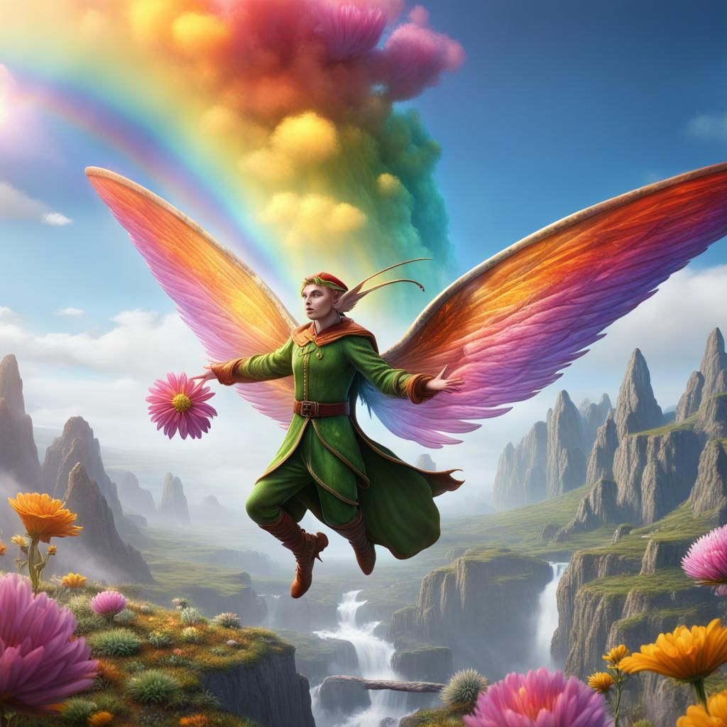 Elf Flying Above Rainbow Flower in Detailed Matte Painting