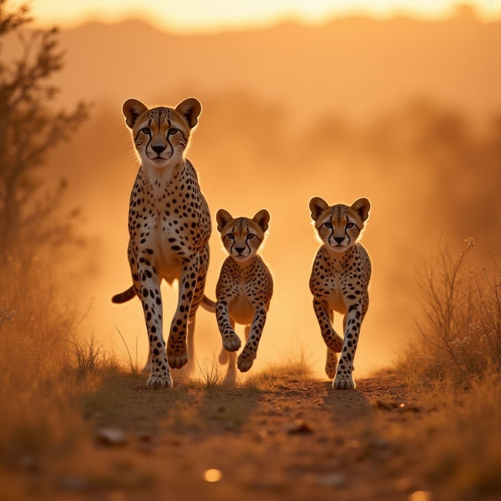 Cheetah Family on African Savannah at Golden Hour