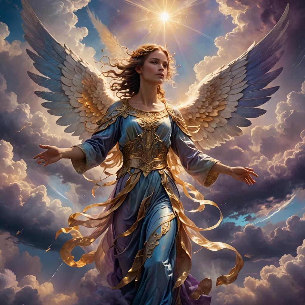 Ethereal Angel Amidst Swirling Clouds