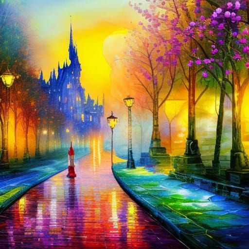 Magical Cityscape in Watercolor Style