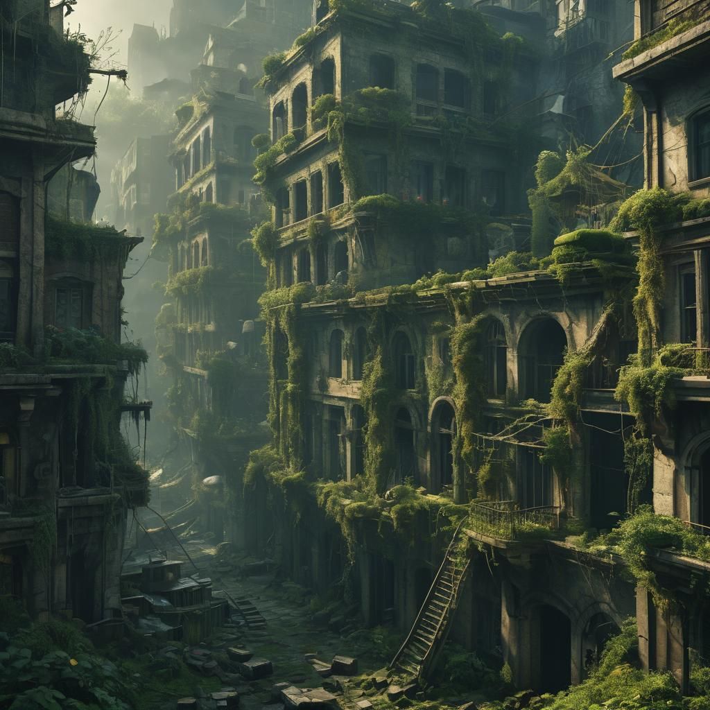 City Ruins Overrun by Nature in Hyper-Realistic Digital Art
