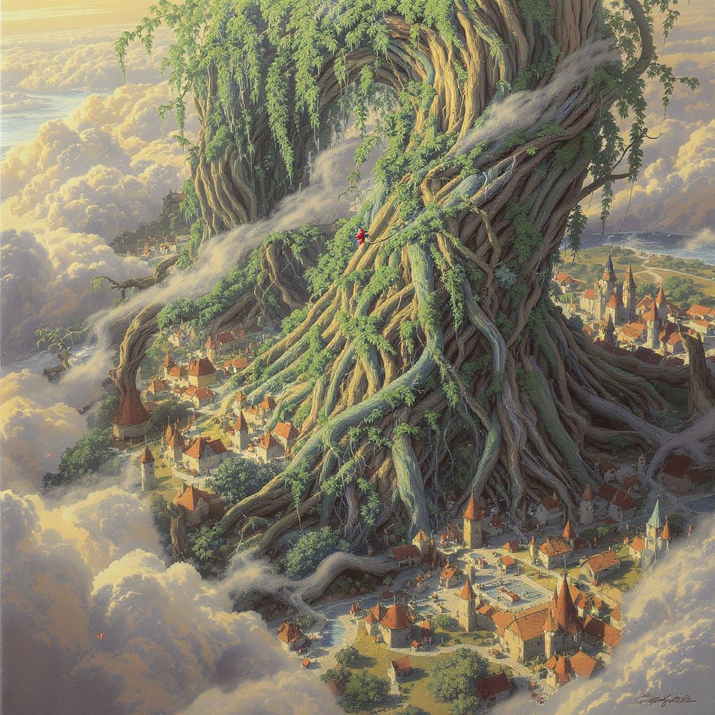 Giant Beanstalk Connects Cloud Kingdom to Medieval Village