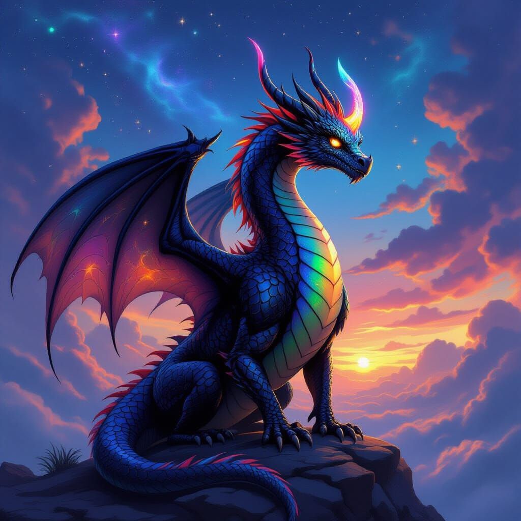 Majestic Rainbow Dragon in Twilight Sky
