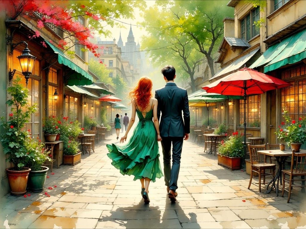 Summer Evening Stroll in Vibrant City Plaza