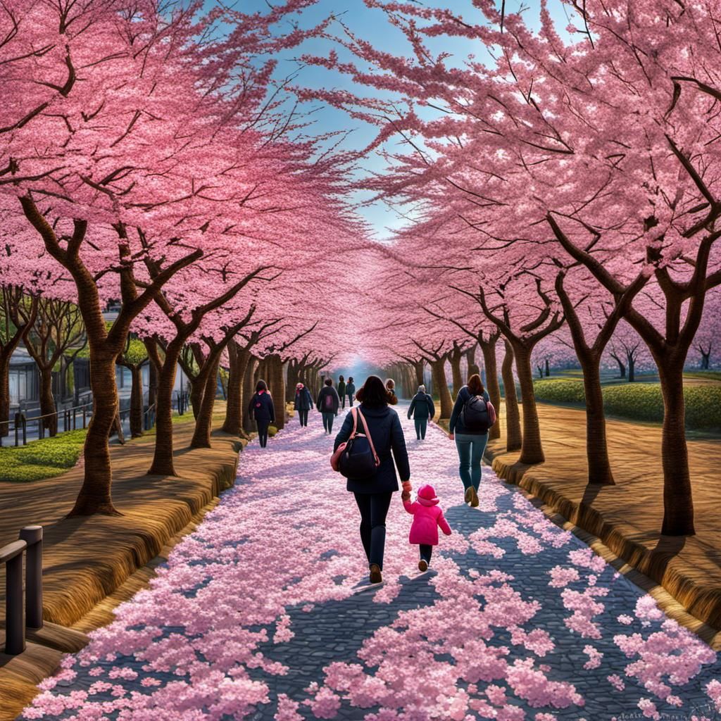 Mother and Child Stroll Under Cherry Blossoms