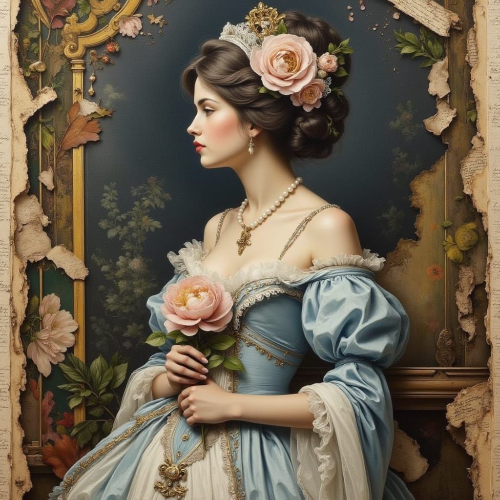 Elegant 18th-Century Woman in Rococo Dress, Mixed Media