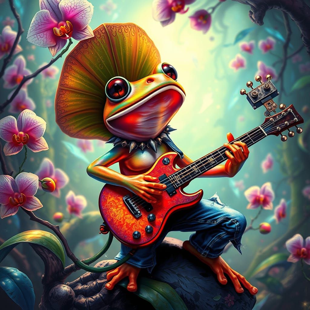 Surreal Punk Rock Tree Frog in Vibrant, Bioluminescent Jungl...