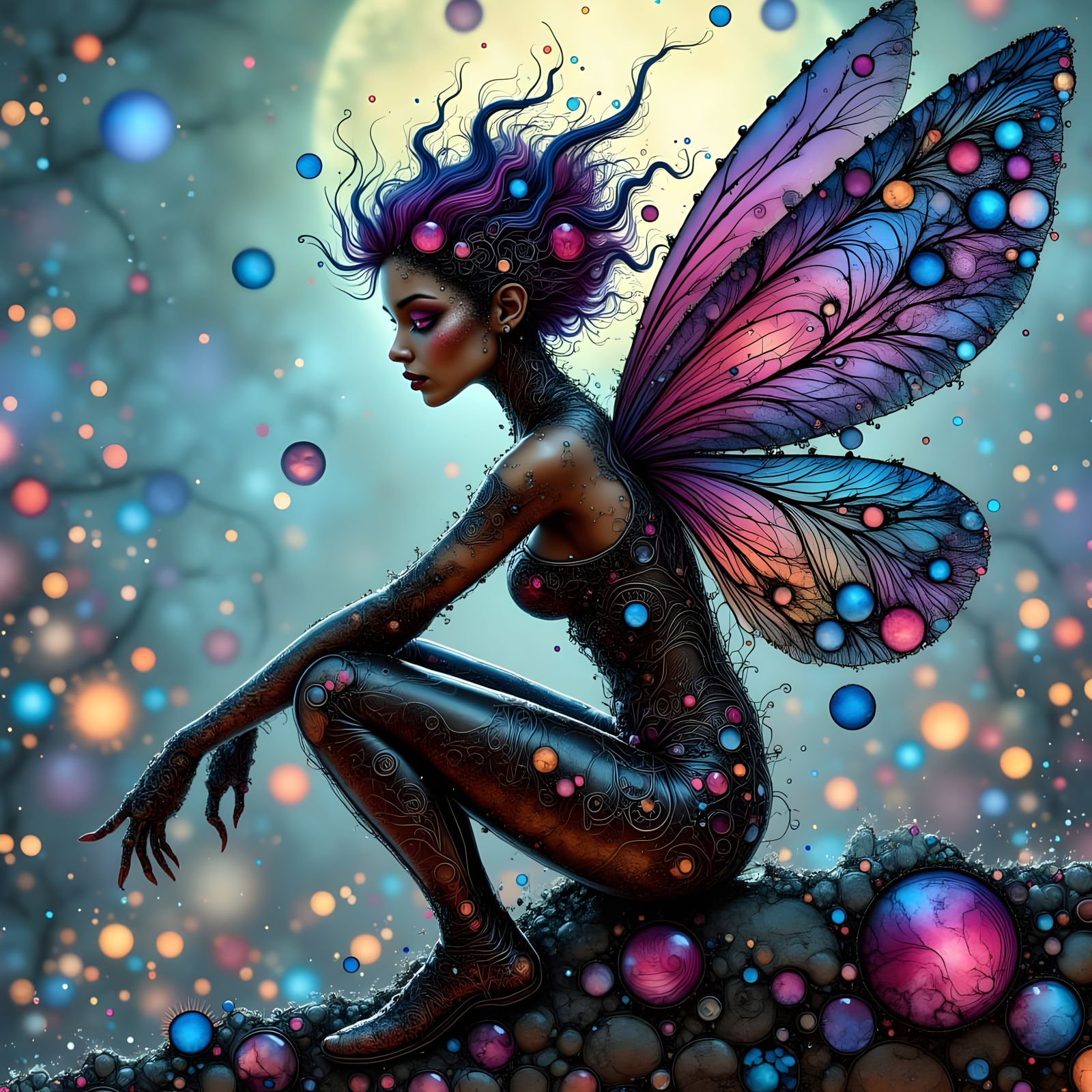 Whimsical Cyberpunk Fairy perches on Rooftop