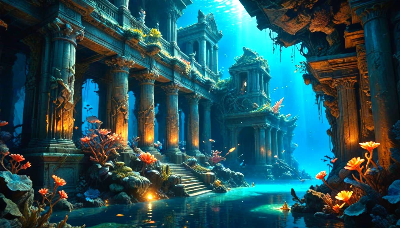 Submerged Lost City with Coral and Marine Life