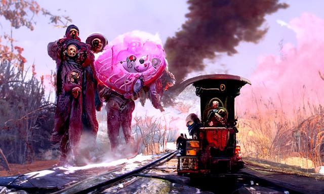 Pink Bear on Steampunk Thomas Train to Island