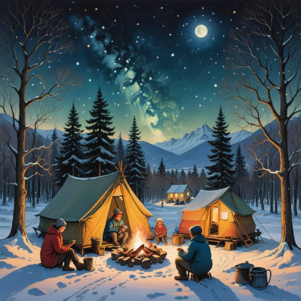 Winter Campers Gather Around a Crackling Campfire Under the ...