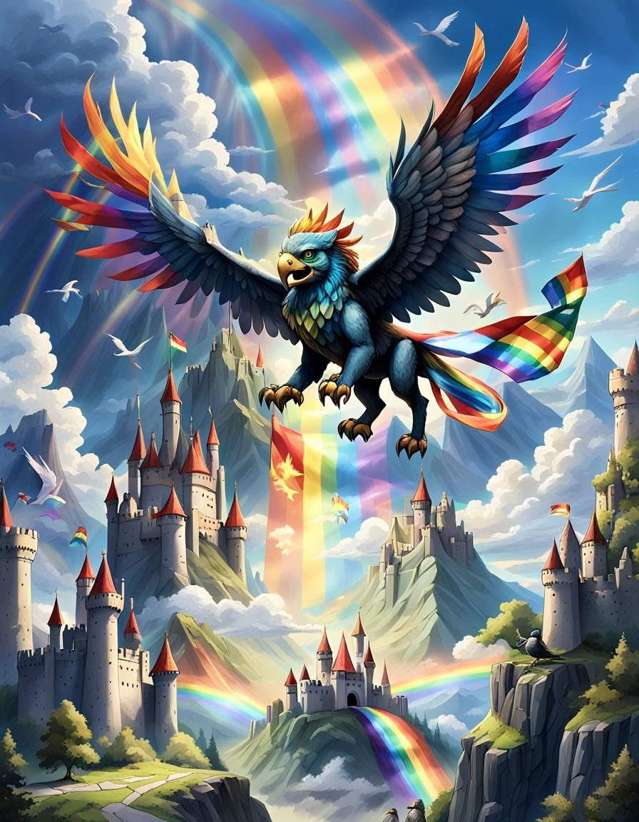 Prismatic Gryphon Over Rainbow Castle Landscape